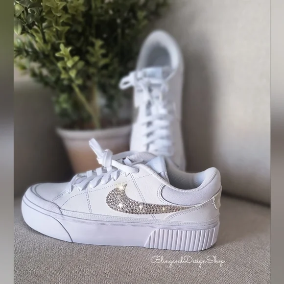 Women's Nike Court Legacy Lift White Sneakers Customized With Clear Crystals - Picture 6 of 8